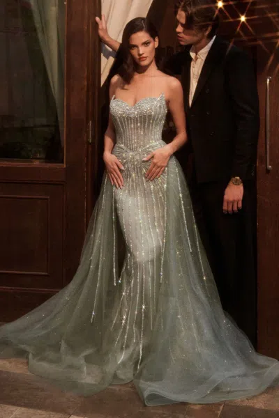 Ladivine Cb158 Long Layered Overskirt Formal Prom Dress In Green