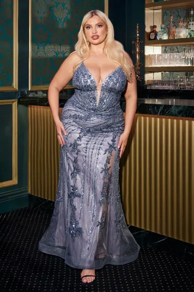 Ladivine Cc0389c Prom Long Fitted Plus Size Formal Dress In Blue