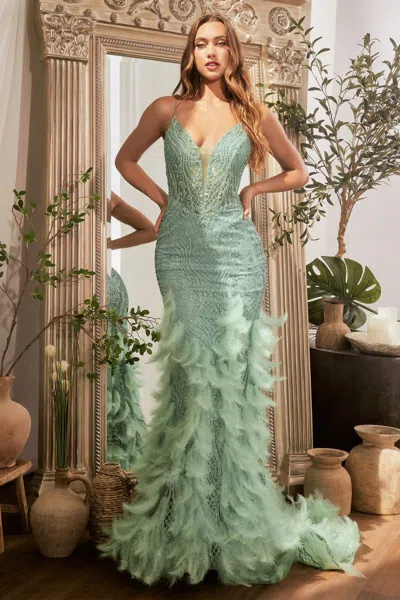 Ladivine Cc1608 Glitter Lace Long Formal Fitted Corset Mermaid Prom Dress In Green