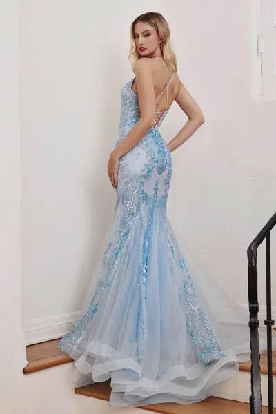 Ladivine Cc2279 Long Fitted Mermaid Evening Gown In Blue