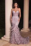 Ladivine Cc2308 Feather Beaded Formal Prom Long Mermaid Dress In Purple