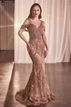 Ladivine Cc4020 Beaded Long Formal Evening Gown In Brown