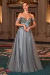 Ladivine Cc471 Glitter Long Formal A Line Beaded Prom Gown In Blue