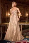 Ladivine Cc474 Beaded Long Formal A Line Prom Dress In Gold