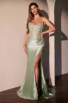Ladivine Cc475 Long Fitted Slit Formal Glitter Prom Dress In Green