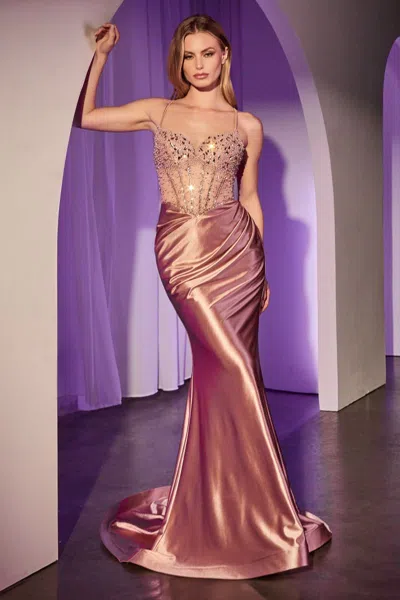 Ladivine Cc8884 Beaded Formal Corset Long Prom Dress In Gold