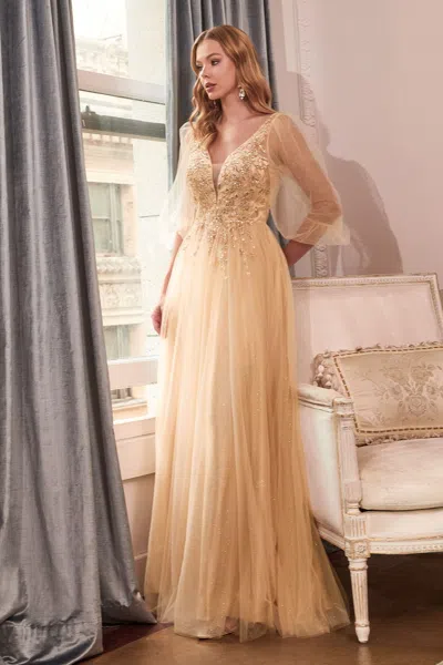 Ladivine Cd0182 Long Sleeve Mother Of The Bride Long Tulle Dress In Gold
