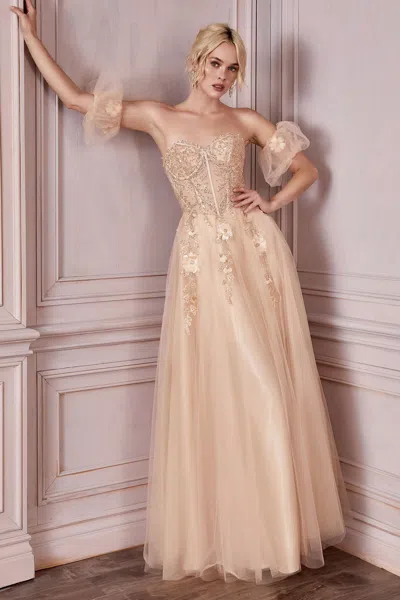Ladivine Cd0191 Long Formal Corset Beaded 3d Floral Prom Dress In Neutral