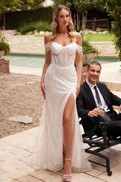 Ladivine Cd0203w Long Fitted Sequin Slit Wedding Dress In White