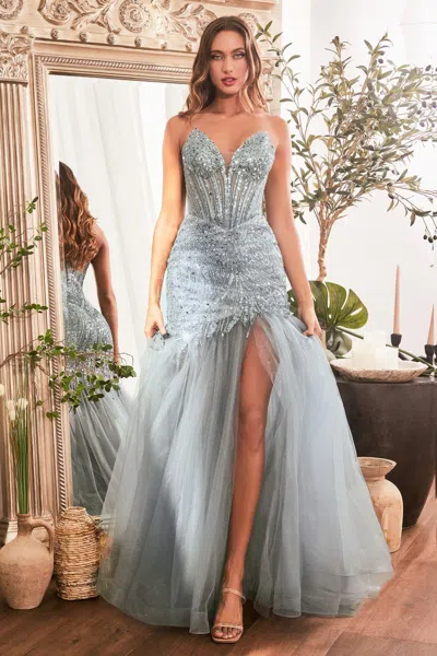 Ladivine Cd0214 Long Sequin Strapless Mermaid Dress In Blue