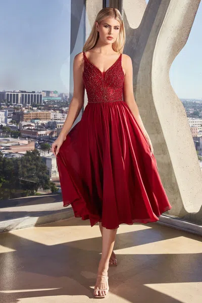 Ladivine Cd0225 Beaded A Line Tea Length Cocktail Dress In Burgundy