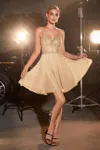 Ladivine Cd0226 Glitter Beaded Cocktail Short Dress In Gold