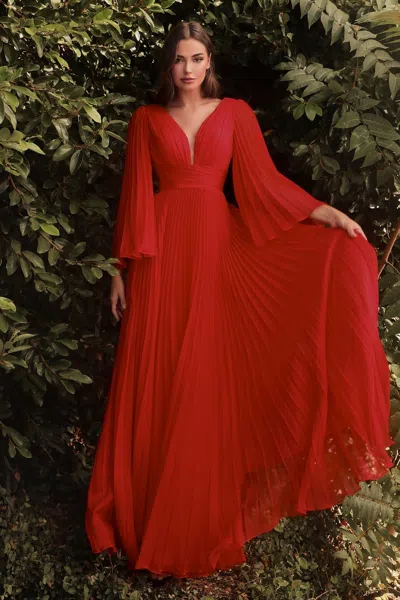 Ladivine Cd242 Long Sleeve Pleated Evening Dress In Red