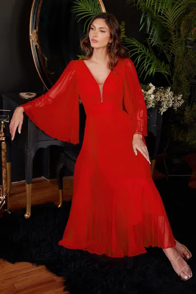 Ladivine Cd242s Pleated Chiffon Formal Gown In Red