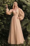 Ladivine Cd243 Off Shoulder Long Sleeve Formal Dress In Gold