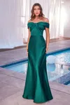 Ladivine Cd325 Long Off Shoulder A Line Satin Dress In Green