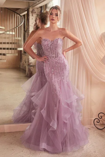 Ladivine Cd332 Long Formal Mermaid Beaded 3d Floral Prom Dress In Purple
