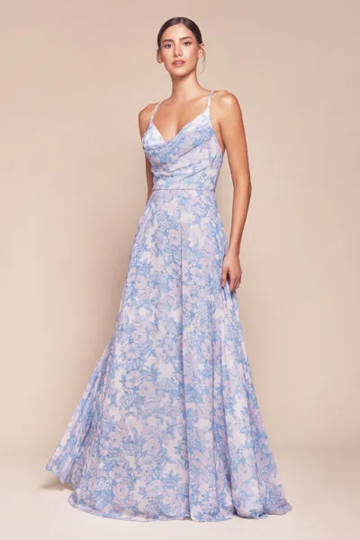 Ladivine Cd7444 Long Formal Floral Print Prom Dress In Blue