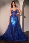 Ladivine Cd763 Long Beaded Formal Overskirt Prom Gown In Blue