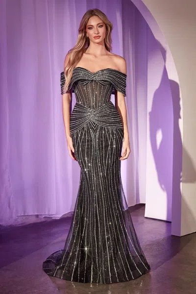 Ladivine Cd785 Beaded Long Formal Fitted Prom In Black