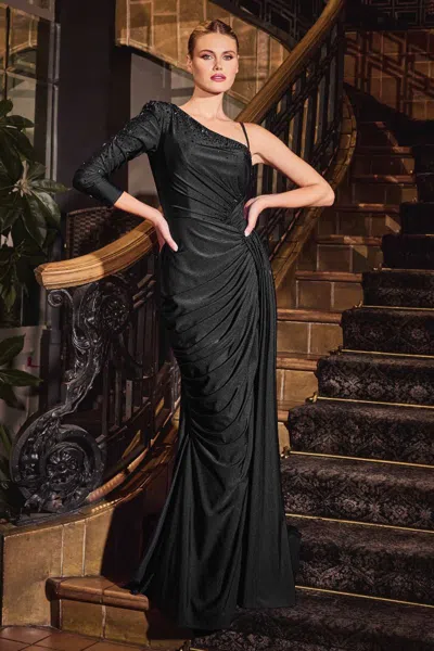Ladivine Cd787 Formal Long Fitted Slit Evening Gown In Black