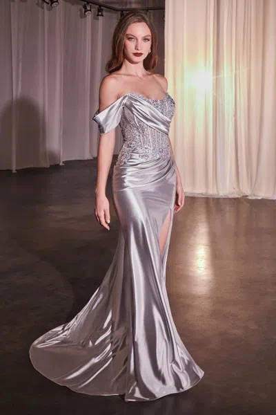 Ladivine Cd804 Long Formal Fitted Applique Prom Gown In Silver