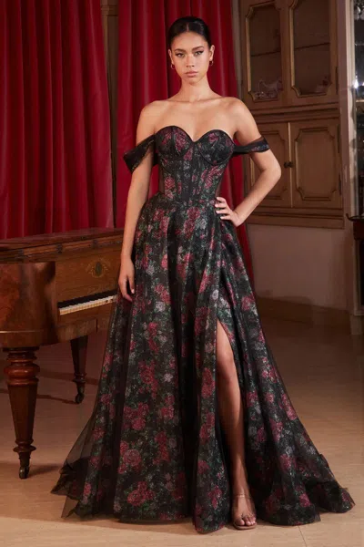 Ladivine Cd806 Floral Long Formal Print Corset Prom Dress In Multi