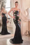 Ladivine Cd811 Long Floral Formal Prom Sequin Dress In Black
