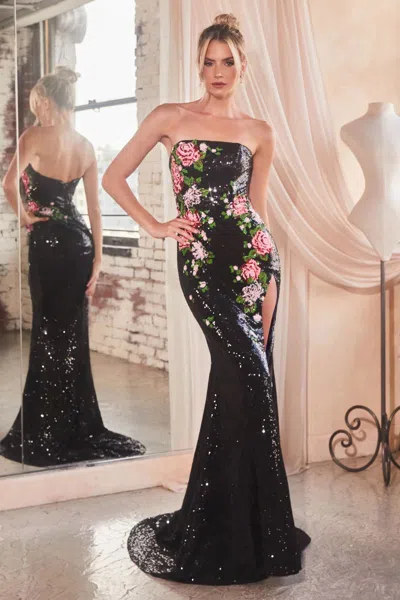 Ladivine Cd811 Long Floral Formal Prom Sequin Dress In Black