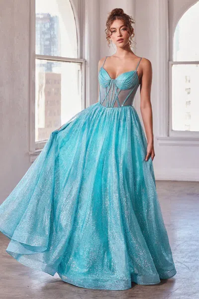 Ladivine Cd832 Glitter Ball Gown Long Corset Prom Gown In Blue