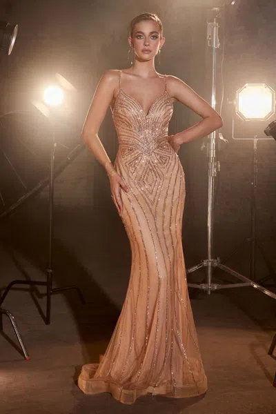 Ladivine Cd845 Fitted Beaded Formal Long Evening Prom Dress In Neutral