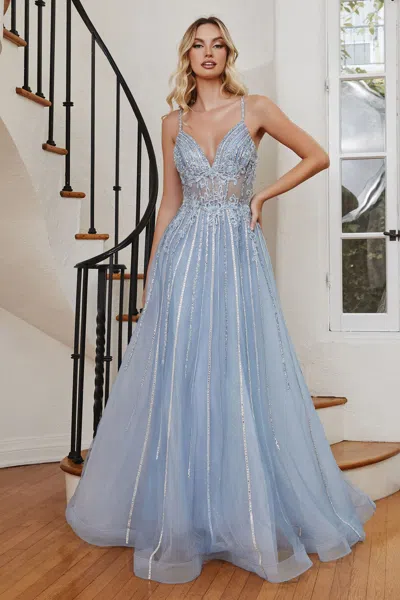 Ladivine Cd994 Beaded Long Ball Gown In Blue