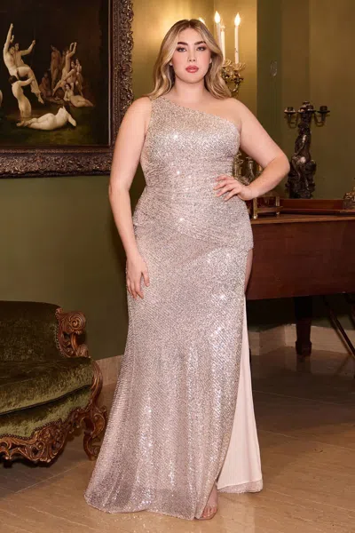 Ladivine Ch077c Fitted Sequin Long Formal Plus Size Prom Gown In Silver