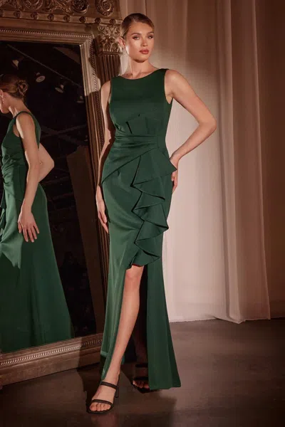 Ladivine Ch377 Fitted Long Formal Ruffled Evening Dress In Green