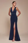 Ladivine Ch395 Fitted Slit Long Formal Evening Gown In Blue