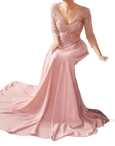 Ladivine Chiffon A-line Long Sleeve Gown In Dusty Rose In Pink