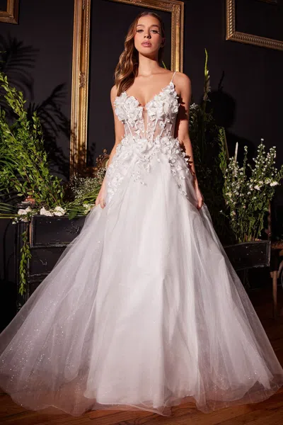 Ladivine Cm321w Long Floral Applique A Line Wedding Dress In White