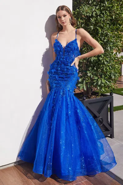 Ladivine Cm328 Long Spaghetti Strap Evening Gown In Blue