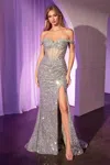 Ladivine Cm373 Sequin Fitted Long Formal Corset Prom Gown In Silver