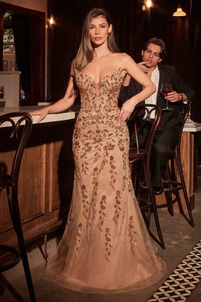 Ladivine Cm382 Fitted Formal Long Prom Sequin Dress In Gold