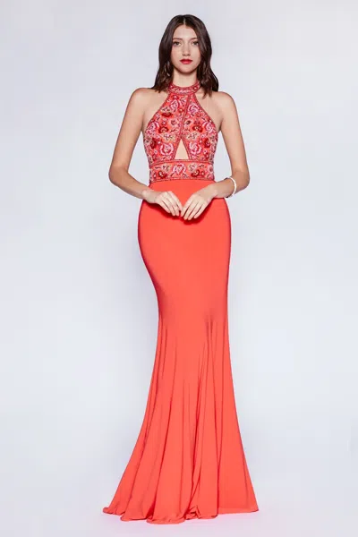 Ladivine Cr770 Long Formal Beaded Fitted Mermaid Prom Dress In Red