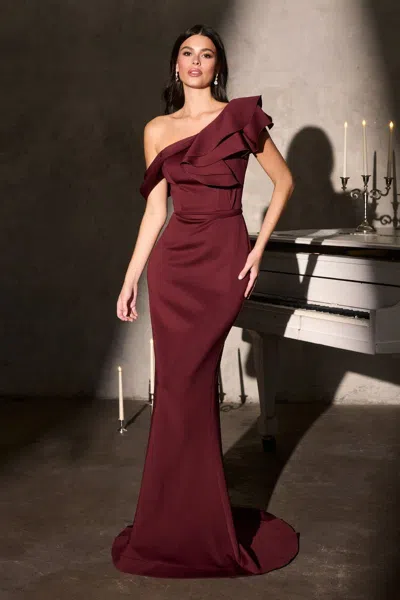 Ladivine Cr886 Fitted Formal Long Ruffle Prom Dress In Brown