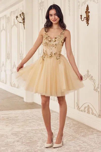 Ladivine Cy019 Homecoming Short Sequin Applique Cocktail Dress In Gold