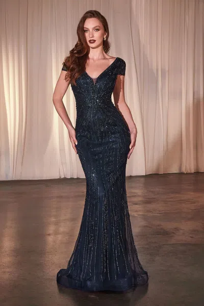 Ladivine Cz0029 Fitted Long Formal Beaded Evening Dress In Blue