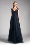 Ladivine Et320 Pleated Long Formal A Line Dress In Blue