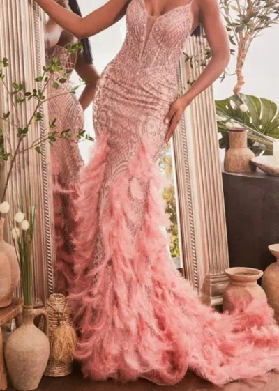 Ladivine Feathered Mermaid Gown In Rose In Multi