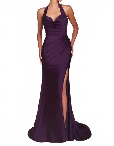 Ladivine Fitted Stretch Satin Dress In Eggplant In Purple
