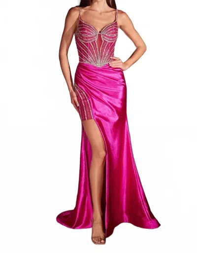 Ladivine Fitted Stretch Satin Gown In Fuchsia In Pink