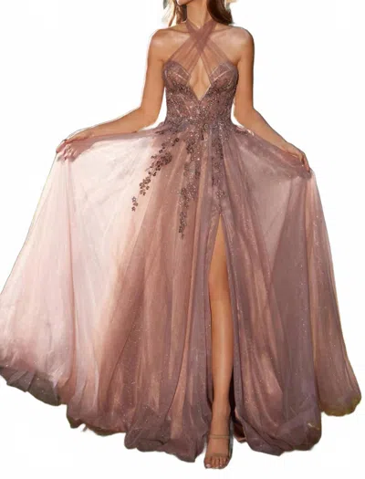 Ladivine Glitter Tulle Halter Gown In Rosewood In Brown