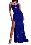 Ladivine Halter Sequin Dress In Royal In Blue